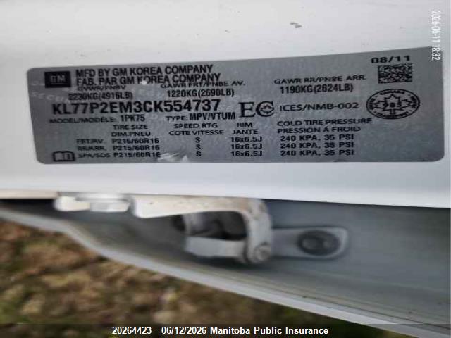 20264423 :رقم المزاد ، KL77P2EM3CK554737 vin ، 2012 Chevrolet Orlando Lt مزاد بيع
