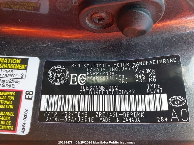 20264478 :رقم المزاد ، 2T1BU4EE3DC100517 vin ، 2013 Toyota Corolla Ce مزاد بيع