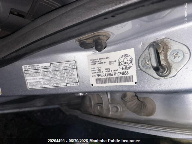 2007 Honda Civic Lx მანქანა იყიდება აუქციონზე, vin: 2HGFA16527H024856, აუქციონის ნომერი: 20264495