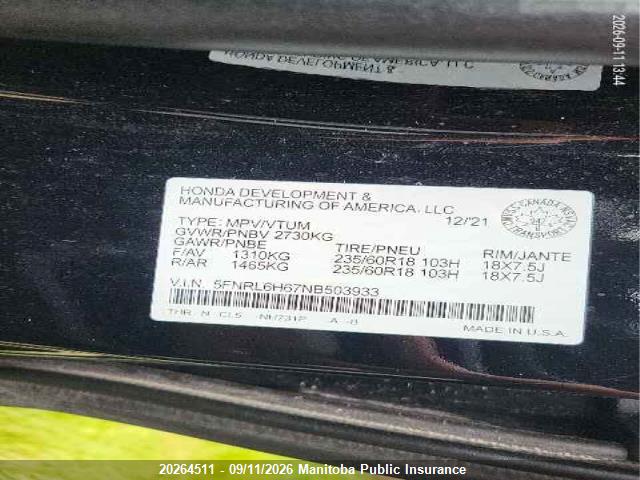 5FNRL6H67NB503933 Honda Odyssey Ex-l Ex-l