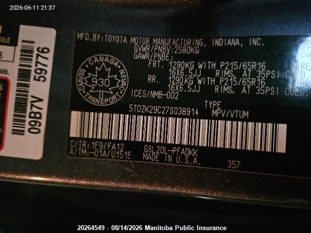 Aukcja sprzedaży 2007 Toyota Sienna Ce V6, vin: 5TDZK29C27S038914, numer aukcji: 20264549