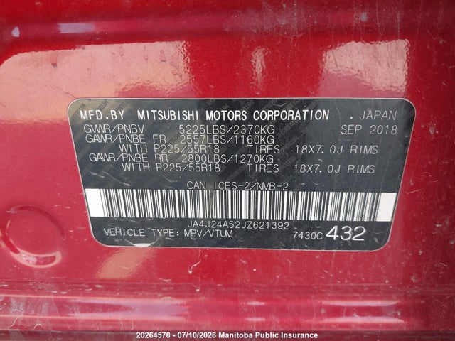 Aukcja sprzedaży 2018 Mitsubishi Outlander Gt Hybrid, vin: JA4J24A52JZ621392, numer aukcji: 20264578