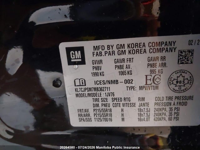 2021 Chevrolet Trax Lt მანქანა იყიდება აუქციონზე, vin: KL7CJPSM7MB362711, აუქციონის ნომერი: 20264580