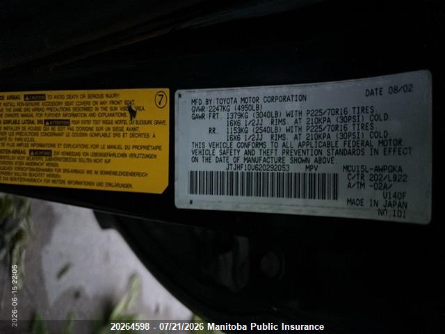Auction sale of the 2002 Lexus Rx300, vin: JTJHF10U620292053, lot number: 20264598