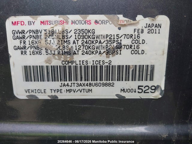 2011 Mitsubishi Outlander Ls მანქანა იყიდება აუქციონზე, vin: JA4JT3AX4BU609882, აუქციონის ნომერი: 20264646