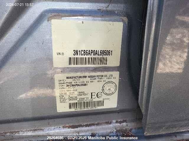 20264686 :رقم المزاد ، 3N1CB6AP0AL695061 vin ، 2010 Nissan Sentra Se-r Spec V مزاد بيع
