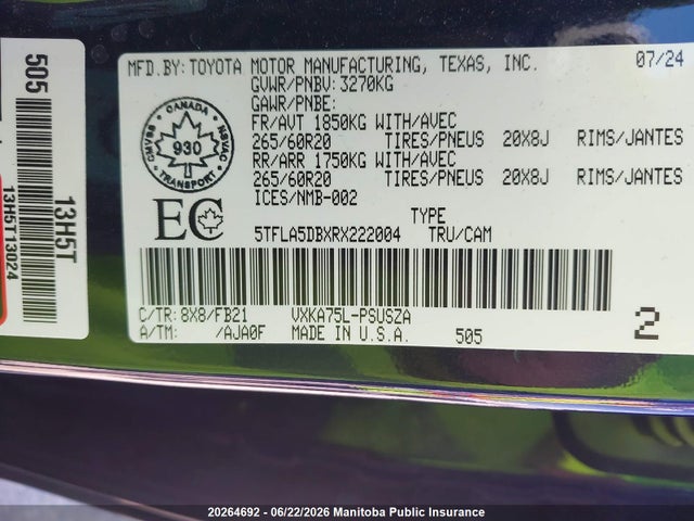 Aukcja sprzedaży 2024 Toyota Tundra Sr5 V6 Crewmax, vin: 5TFLA5DBXRX222004, numer aukcji: 20264692