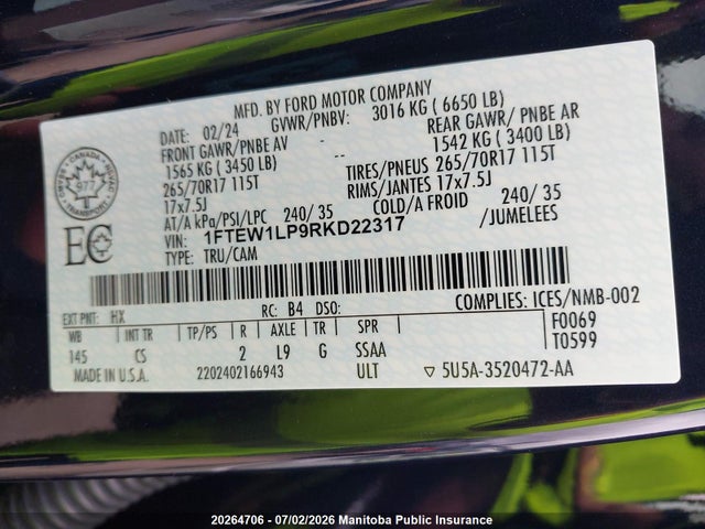 Продаж на аукціоні авто 2024 Ford F150 Xl Supercrew, vin: 1FTEW1LP9RKD22317, номер лоту: 20264706