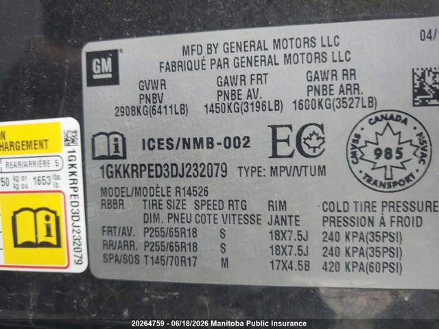 Aukcja sprzedaży 2013 Gmc Acadia Sle, vin: 1GKKRPED3DJ232079, numer aukcji: 20264759