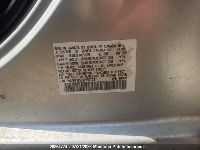 Aukcja sprzedaży 2007 Honda Ridgeline Ex-l, vin: 2HJYK16527H507327, numer aukcji: 20264774