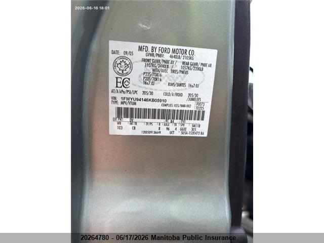 Продаж на аукціоні авто 2006 Ford Escape Limited V6, vin: 1FMYU94146KB05910, номер лоту: 20264780