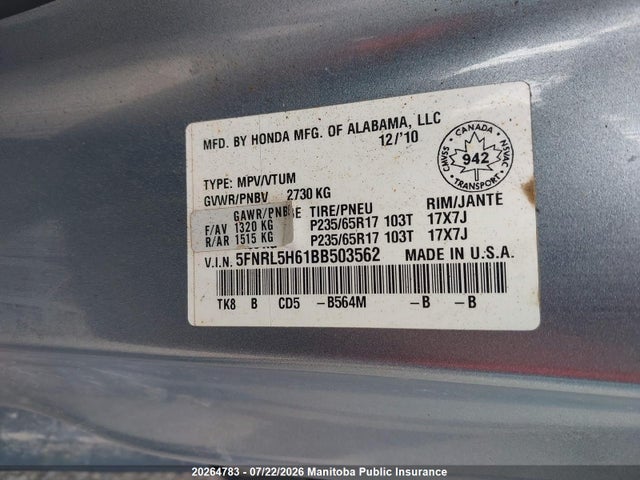2011 Honda Odyssey Ex-l მანქანა იყიდება აუქციონზე, vin: 5FNRL5H61BB503562, აუქციონის ნომერი: 20264783