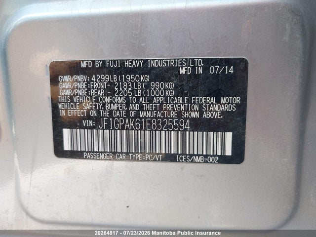 Продаж на аукціоні авто 2014 Subaru Impreza 2.0i, vin: JF1GPAK61E8325594, номер лоту: 20264817