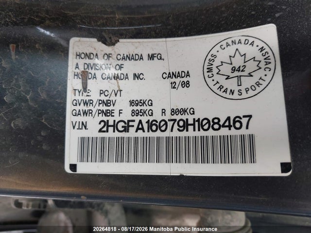 Продажа на аукционе авто 2009 Honda Civic Ex, vin: 2HGFA16079H108467, номер лота: 20264818