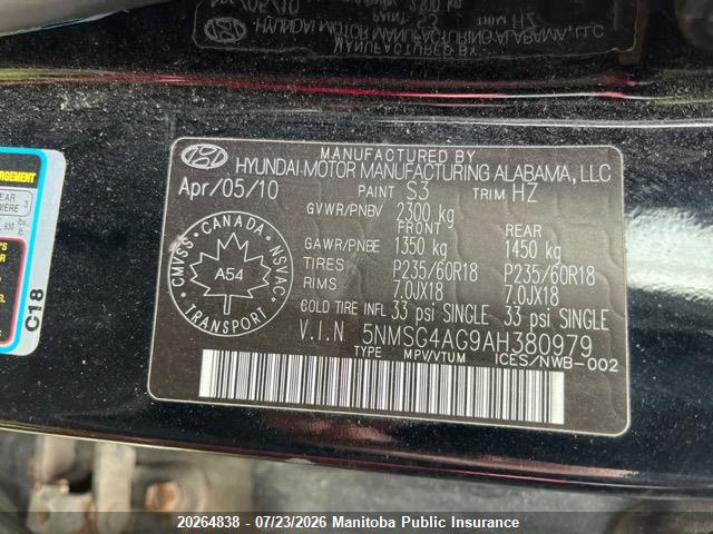 Aukcja sprzedaży 2010 Hyundai Santa Fe Gl, vin: 5NMSG4AG9AH380979, numer aukcji: 20264838