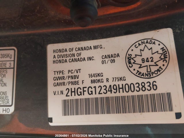 Продаж на аукціоні авто 2009 Honda Civic Dx, vin: 2HGFG12349H003836, номер лоту: 20264861