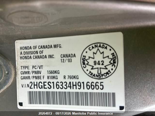 20264872 :رقم المزاد ، 2HGES16334H916665 vin ، 2004 Honda Civic Dx مزاد بيع