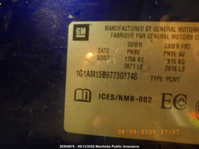 Aukcja sprzedaży 2007 Chevrolet Cobalt Ss, vin: 1G1AM15B977303748, numer aukcji: 20264878