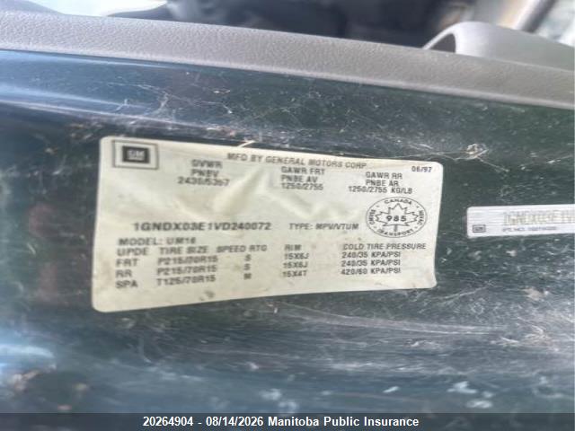 1997 Chevrolet Venture Ls Ext მანქანა იყიდება აუქციონზე, vin: 1GNDX03E1VD240072, აუქციონის ნომერი: 20264904