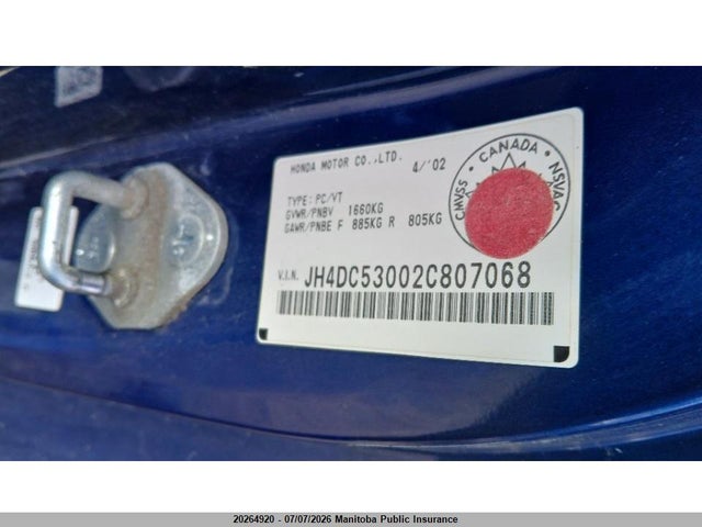 2002 Acura Rsx Type S მანქანა იყიდება აუქციონზე, vin: JH4DC53002C807068, აუქციონის ნომერი: 20264920
