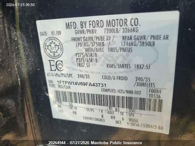 Aukcja sprzedaży 2009 Ford F-series, vin: 1FTPW14V69FA43731, numer aukcji: 20264944