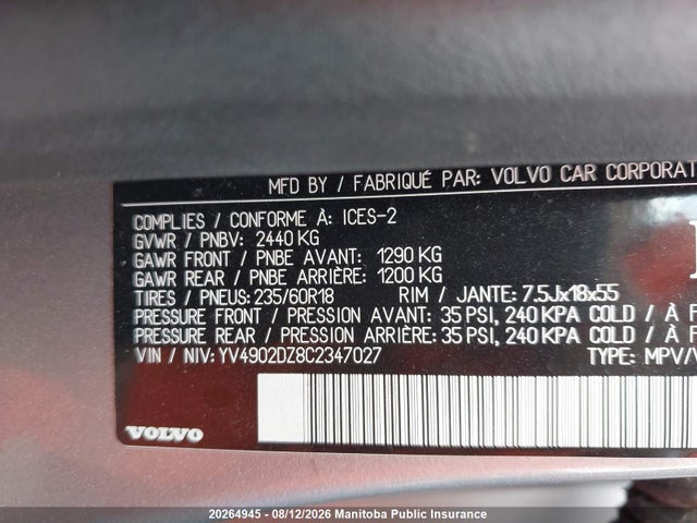 Aukcja sprzedaży 2012 Volvo Xc60 T6, vin: YV4902DZ8C2347027, numer aukcji: 20264945