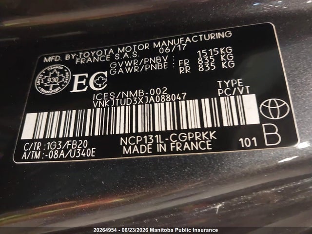 20264954 :رقم المزاد ، VNKJTUD3XJA088047 vin ، 2018 Toyota Yaris Ce مزاد بيع