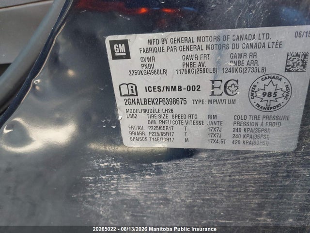 2015 Chevrolet Equinox Lt მანქანა იყიდება აუქციონზე, vin: 2GNALBEK2F6398675, აუქციონის ნომერი: 20265022