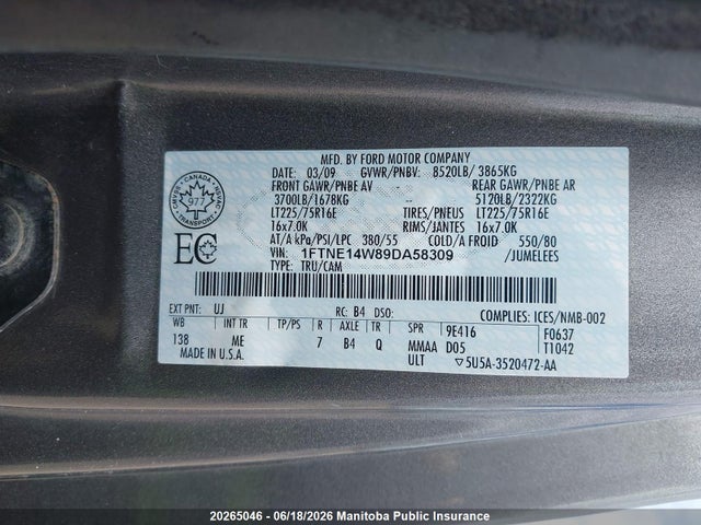 Продажа на аукционе авто 2009 Ford E150 Econoline Cargo Van, vin: 1FTNE14W89DA58309, номер лота: 20265046