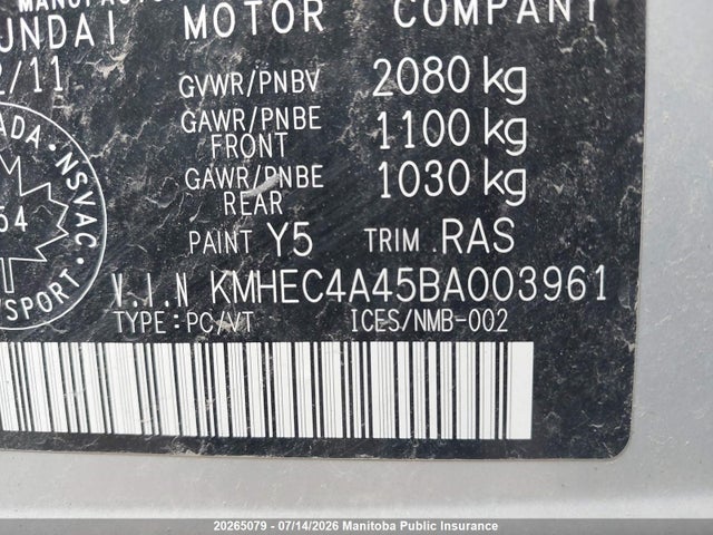 Aukcja sprzedaży 2011 Hyundai Sonata Hybrid, vin: KMHEC4A45BA003961, numer aukcji: 20265079