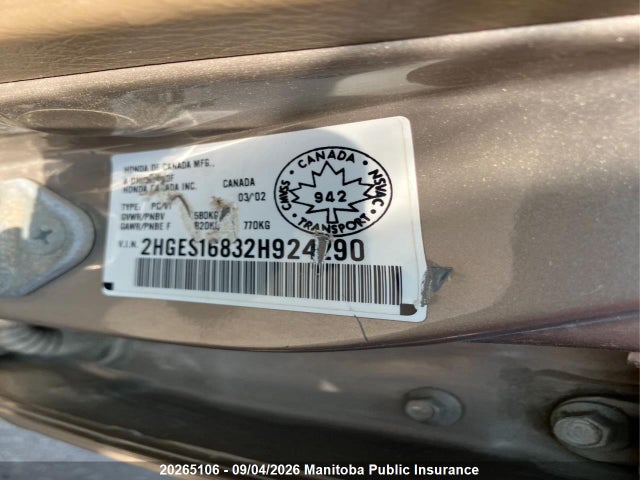 2002 Honda Civic Lx მანქანა იყიდება აუქციონზე, vin: 2HGES16832H924290, აუქციონის ნომერი: 20265106