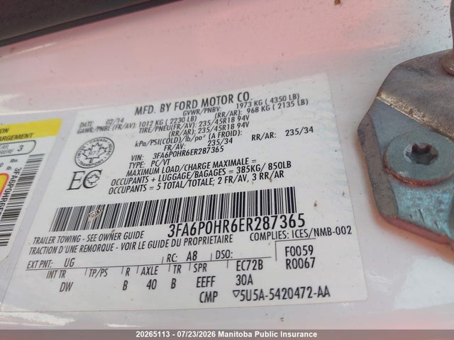 Продажа на аукционе авто 2014 Ford Fusion Se, vin: 3FA6P0HR6ER287365, номер лота: 20265113