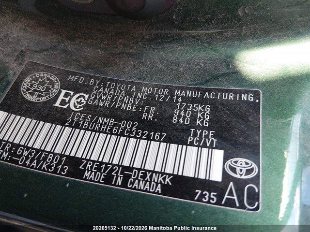 2T1BURHE6FC332167 Toyota COROLLA LE