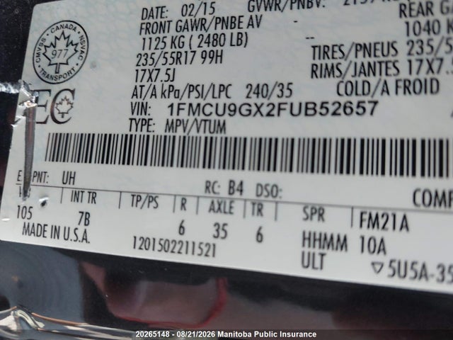 Ford ESCAPE SE 2015 1FMCU9GX2FUB52657 Image 9