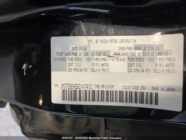 Aukcja sprzedaży 2008 Mazda Cx -9 Gs, vin: JM3TB38A580147410, numer aukcji: 20265157