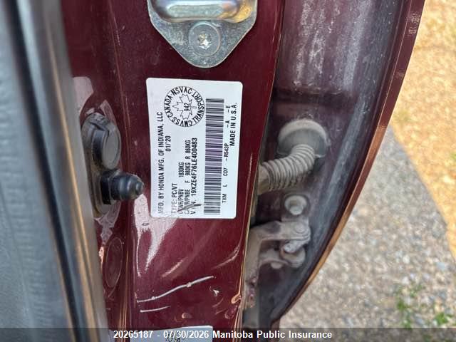 20265187 :رقم المزاد ، 19XZE4F76LE400483 vin ، 2020 Honda Insight Touring مزاد بيع
