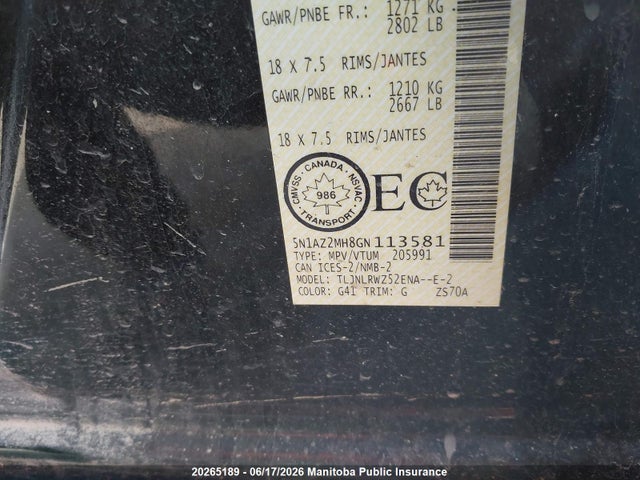Aukcja sprzedaży 2016 Nissan Murano Sl, vin: 5N1AZ2MH8GN113581, numer aukcji: 20265189
