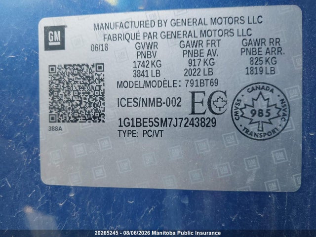 Продажа на аукционе авто 2018 Chevrolet Cruze Lt Turbo, vin: 1G1BE5SM7J7243829, номер лота: 20265245