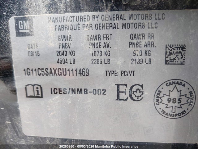Aukcja sprzedaży 2016 Chevrolet Malibu Limited Lt, vin: 1G11C5SAXGU111469, numer aukcji: 20265260