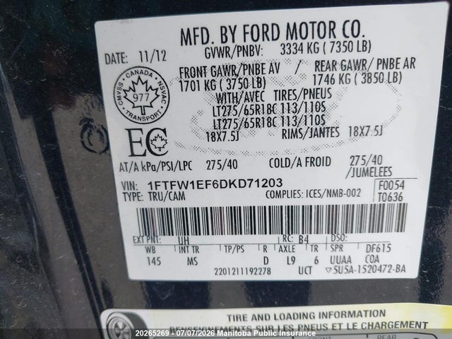 20265269 :رقم المزاد ، 1FTFW1EF6DKD71203 vin ، 2013 Ford F150 Fx4 Supercrew مزاد بيع