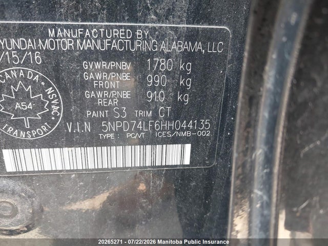 20265271 :رقم المزاد ، 5NPD74LF6HH044135 vin ، 2017 Hyundai Elantra Le مزاد بيع