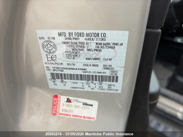 Продаж на аукціоні авто 2009 Ford Escape Limited V6, vin: 1FMCU94G59KA10940, номер лоту: 20265274