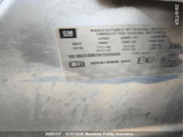 Aukcja sprzedaży 2017 Chevrolet Cruze Ls Turbo, vin: 1G1BC5SM7H7209096, numer aukcji: 20265357