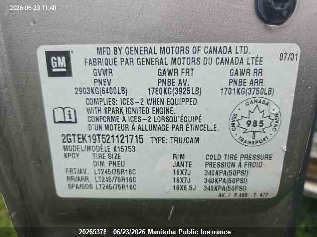 Aukcja sprzedaży 2002 Gmc Sierra 1500 Ext Cab, vin: 2GTEK19T521121715, numer aukcji: 20265378