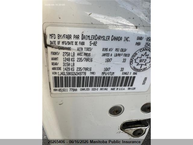 20265406 :رقم المزاد ، 1J4GL58K62W349778 vin ، 2002 Jeep Liberty Limited مزاد بيع