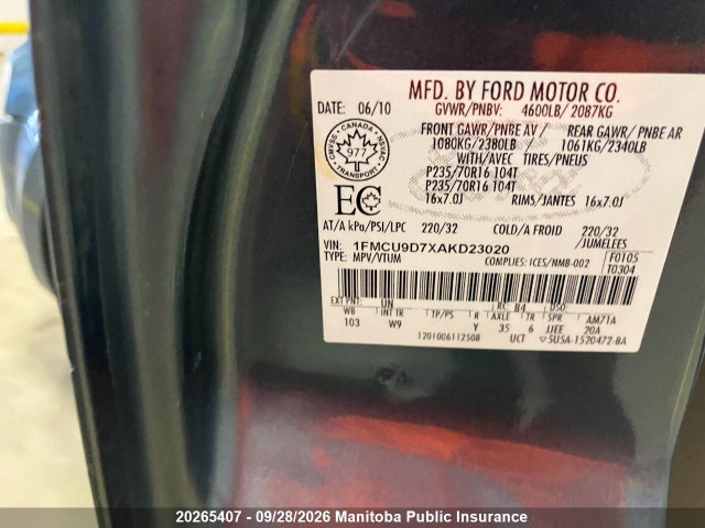 Продаж на аукціоні авто 2010 Ford Escape Xlt, vin: 1FMCU9D7XAKD23020, номер лоту: 20265407
