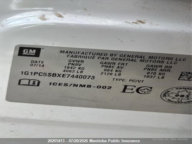 20265413 :رقم المزاد ، 1G1PC5SBXE7440073 vin ، 2014 Chevrolet Cruze Lt Turbo مزاد بيع