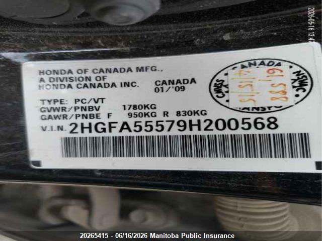Продаж на аукціоні авто 2009 Honda Civic Si, vin: 2HGFA55579H200568, номер лоту: 20265415