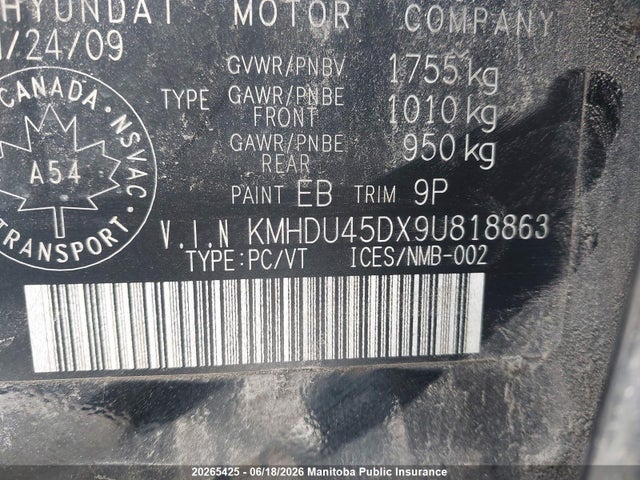 2009 Hyundai Elantra Limited მანქანა იყიდება აუქციონზე, vin: KMHDU45DX9U818863, აუქციონის ნომერი: 20265425