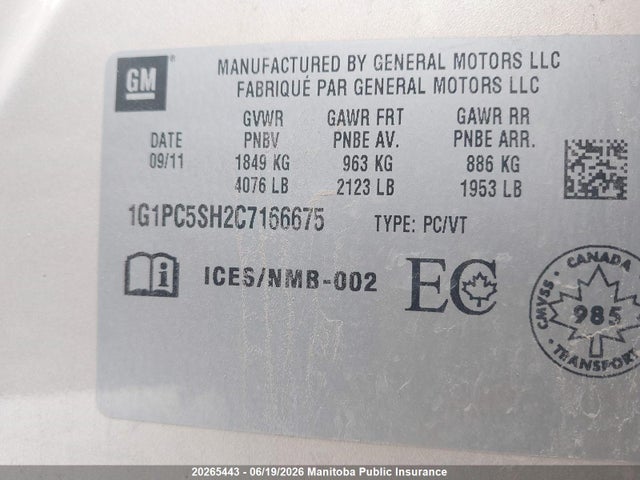 Продаж на аукціоні авто 2012 Chevrolet Cruze Ls, vin: 1G1PC5SH2C7166675, номер лоту: 20265443